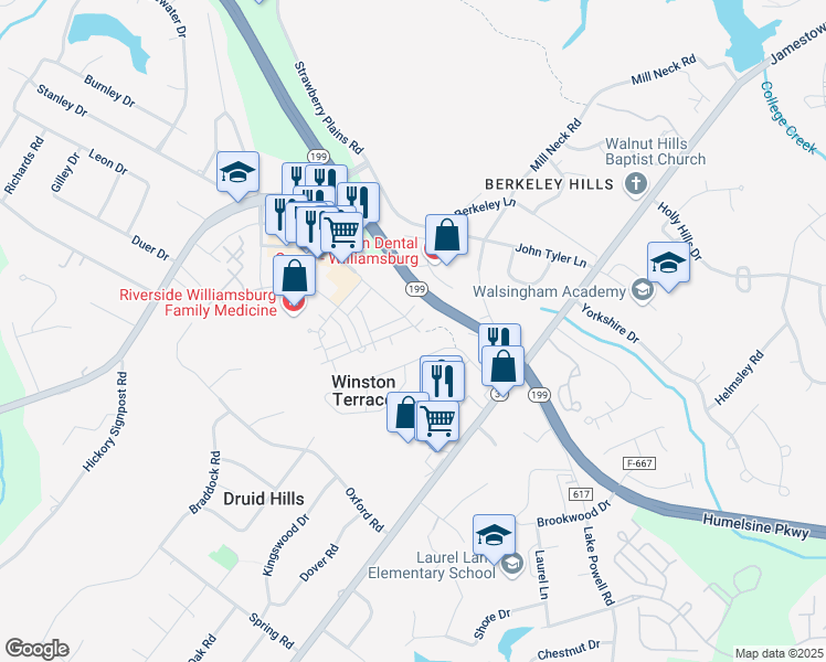 map of restaurants, bars, coffee shops, grocery stores, and more near 903 Promenade Lane in Williamsburg