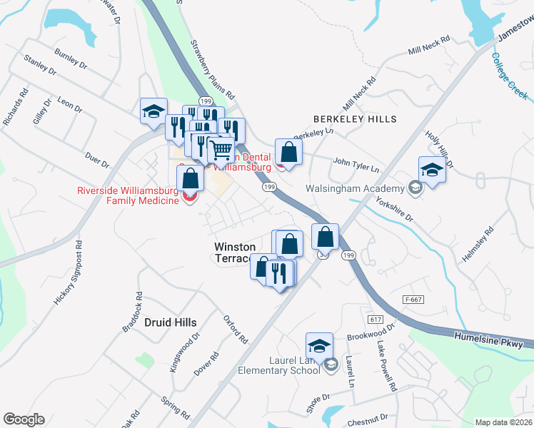 map of restaurants, bars, coffee shops, grocery stores, and more near 903 Promenade Lane in Williamsburg