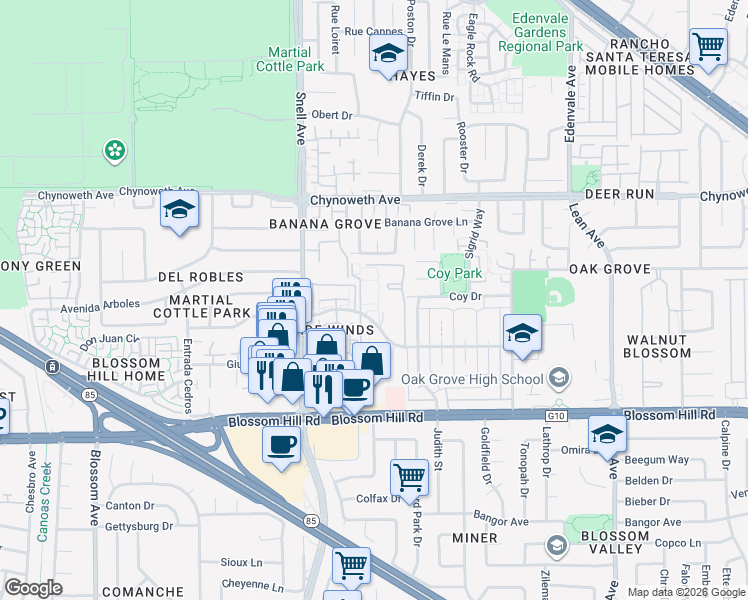 map of restaurants, bars, coffee shops, grocery stores, and more near 307 Tradewinds Drive in San Jose