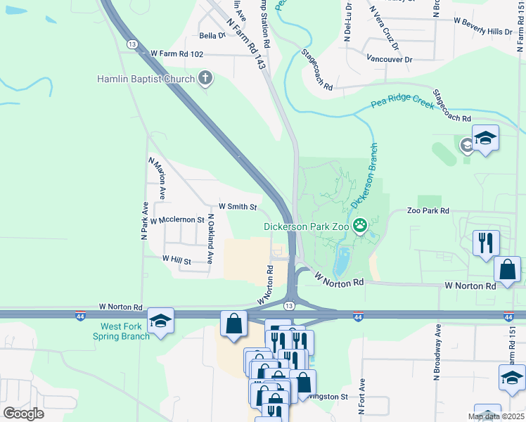map of restaurants, bars, coffee shops, grocery stores, and more near 1600 West Smith Street in Springfield