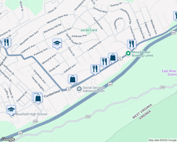 map of restaurants, bars, coffee shops, grocery stores, and more near 310 Ridgecrest Road in Bluefield