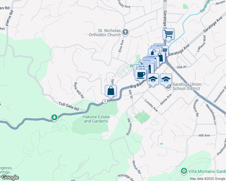 map of restaurants, bars, coffee shops, grocery stores, and more near 14681 Springer Avenue in Saratoga