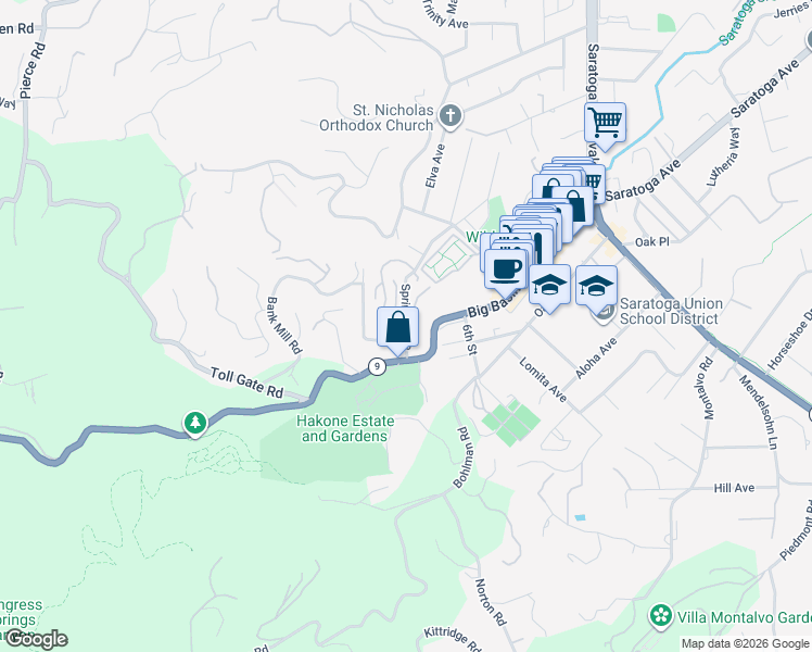 map of restaurants, bars, coffee shops, grocery stores, and more near 14681 Springer Avenue in Saratoga