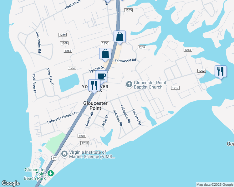 map of restaurants, bars, coffee shops, grocery stores, and more near 7685 Terrapin Cove Road in Gloucester Point