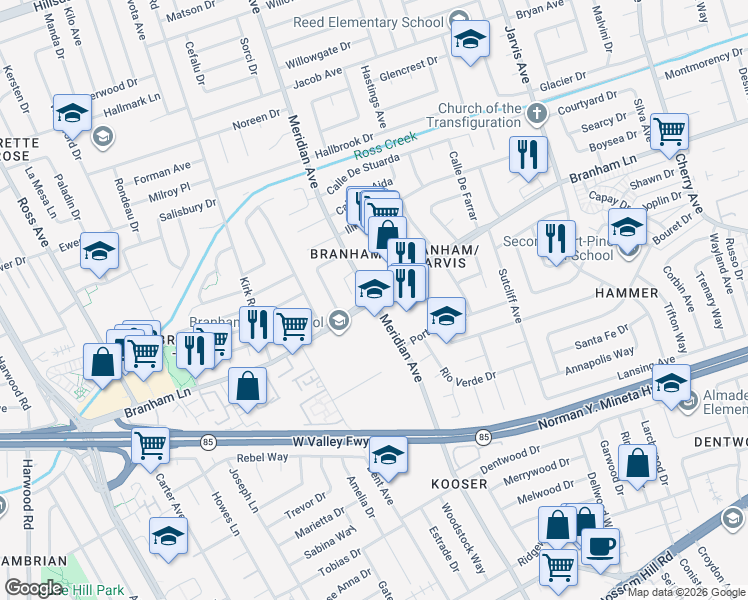 map of restaurants, bars, coffee shops, grocery stores, and more near Meridian Ave & Branham Ln in San Jose