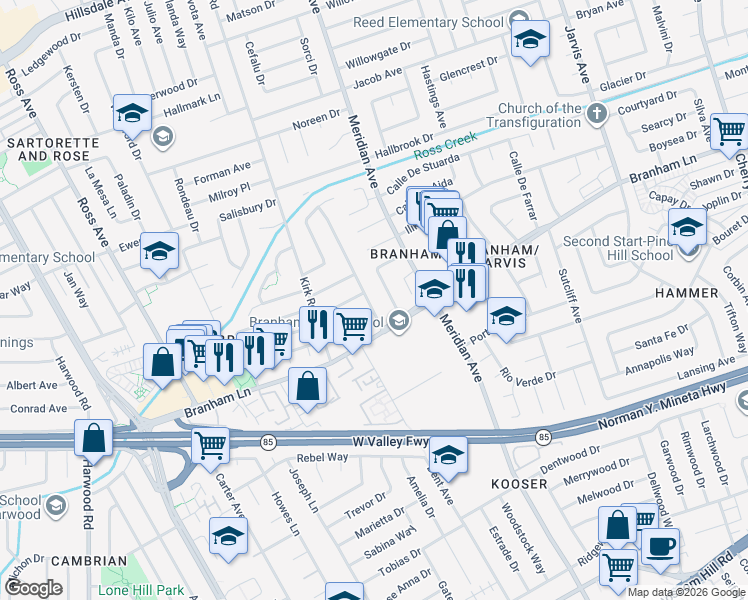 map of restaurants, bars, coffee shops, grocery stores, and more near 4670 Sherbourne Drive in San Jose