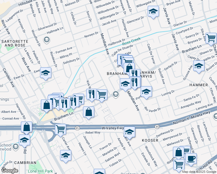 map of restaurants, bars, coffee shops, grocery stores, and more near 4670 Sherbourne Drive in San Jose