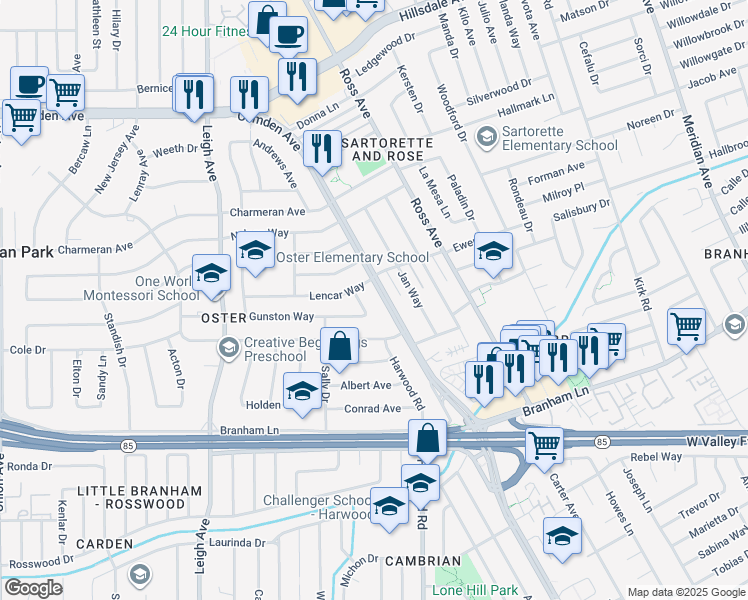 map of restaurants, bars, coffee shops, grocery stores, and more near 4315 Camden Avenue in San Jose