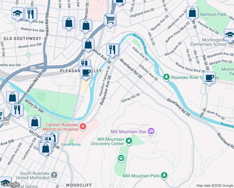 map of restaurants, bars, coffee shops, grocery stores, and more near 1325 Ivy St SE in Roanoke