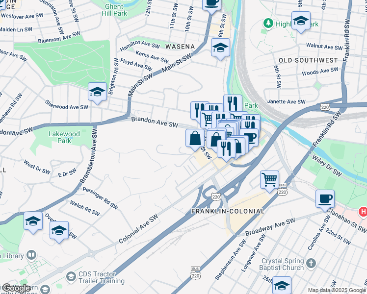 map of restaurants, bars, coffee shops, grocery stores, and more near 100 Brandon Lane Southwest in Roanoke