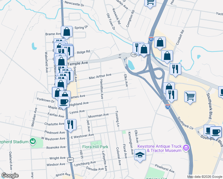 map of restaurants, bars, coffee shops, grocery stores, and more near 512 James Avenue in Colonial Heights