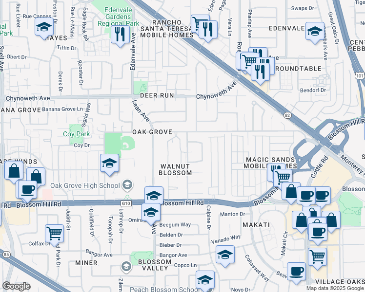 map of restaurants, bars, coffee shops, grocery stores, and more near 5432 Blossom Gardens Circle in San Jose