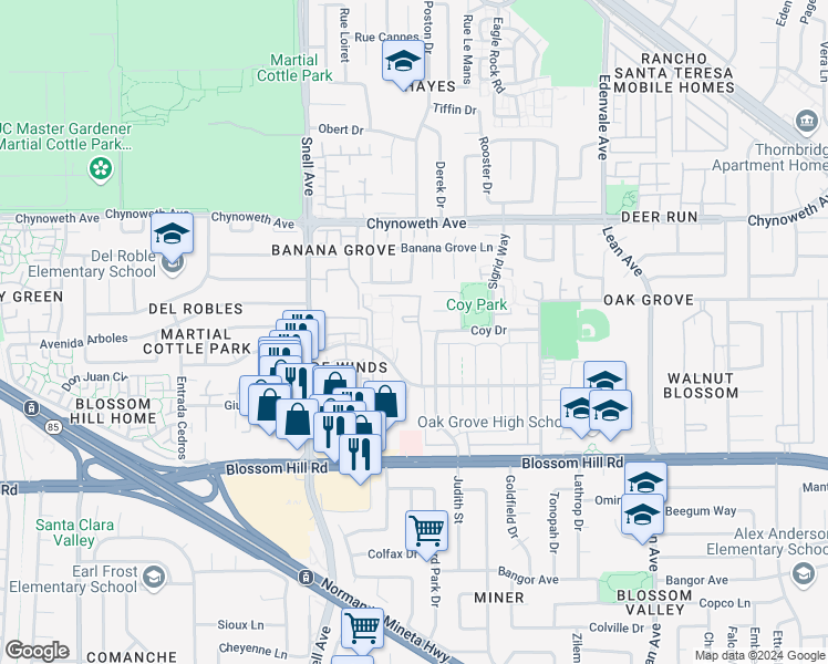 map of restaurants, bars, coffee shops, grocery stores, and more near 285 Tradewinds Drive in San Jose