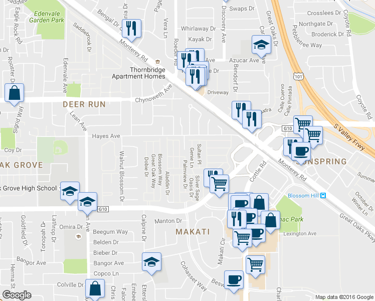 map of restaurants, bars, coffee shops, grocery stores, and more near 5450 Carls Court in San Jose