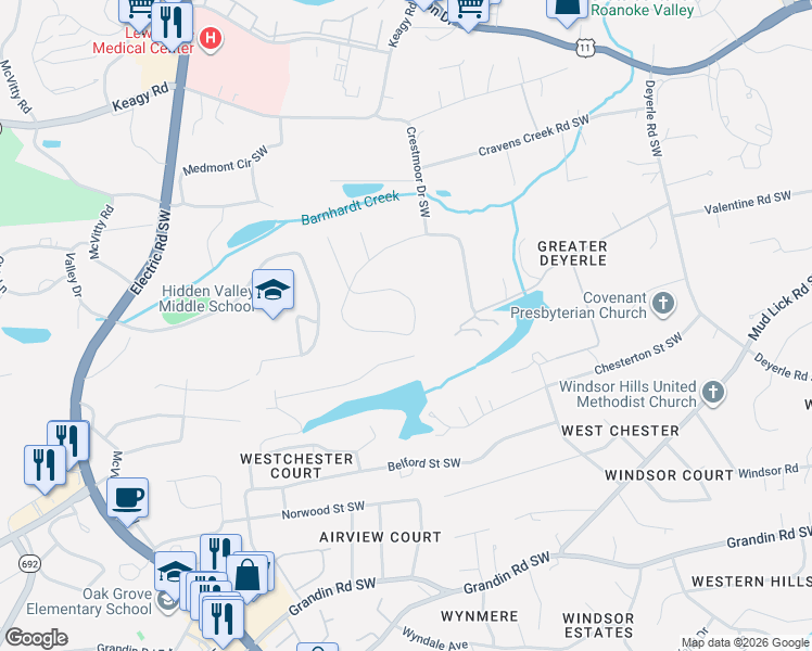 map of restaurants, bars, coffee shops, grocery stores, and more near 4938 Greenlee Rd SW in Roanoke