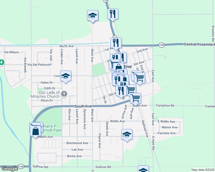 map of restaurants, bars, coffee shops, grocery stores, and more near 560 4th Avenue in Gustine