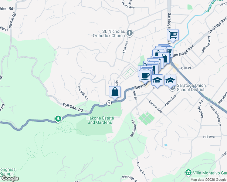 map of restaurants, bars, coffee shops, grocery stores, and more near 14680 Fieldstone Drive in Saratoga