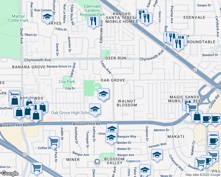 map of restaurants, bars, coffee shops, grocery stores, and more near 5435 Lean Ave in San Jose
