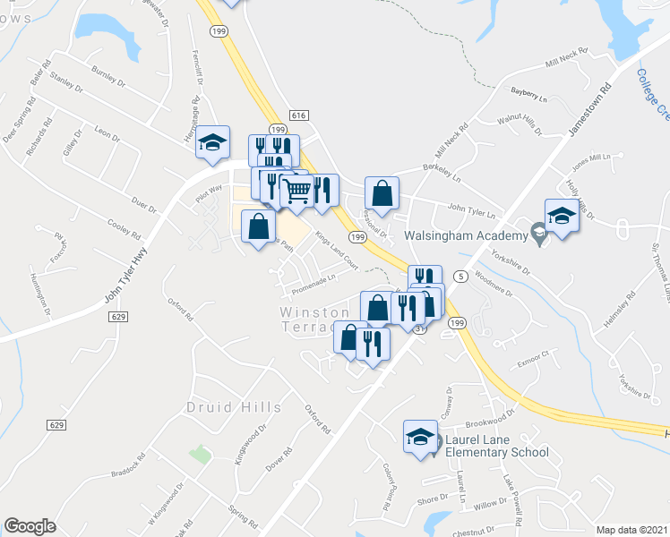 map of restaurants, bars, coffee shops, grocery stores, and more near 5304 John Tyler Highway in Williamsburg