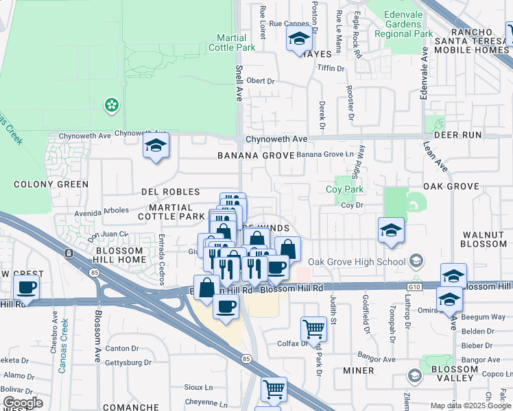 map of restaurants, bars, coffee shops, grocery stores, and more near 291 Sumba Court in San Jose