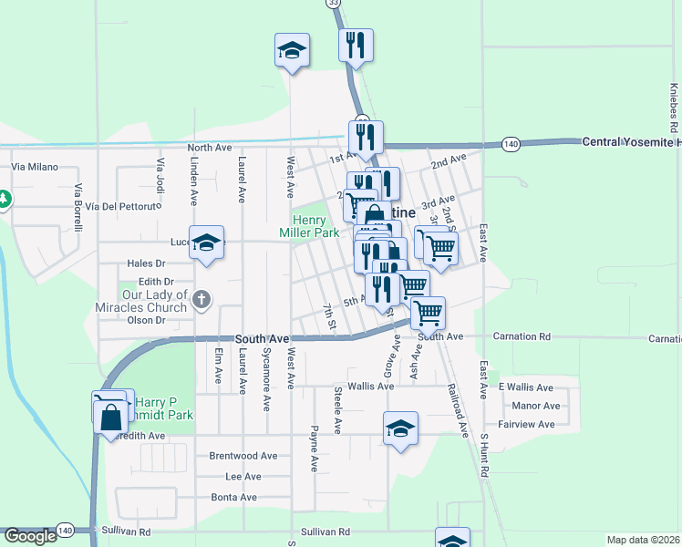 map of restaurants, bars, coffee shops, grocery stores, and more near 560 4th Avenue in Gustine