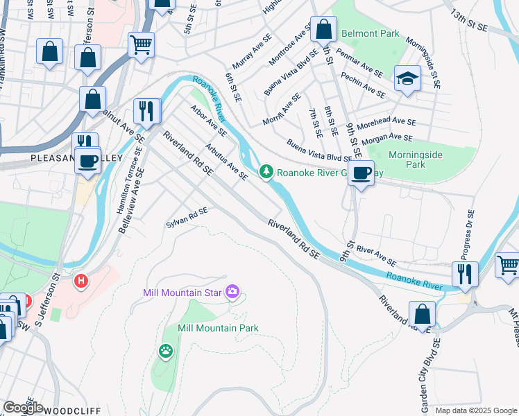 map of restaurants, bars, coffee shops, grocery stores, and more near 744 Riverland Road Southeast in Roanoke