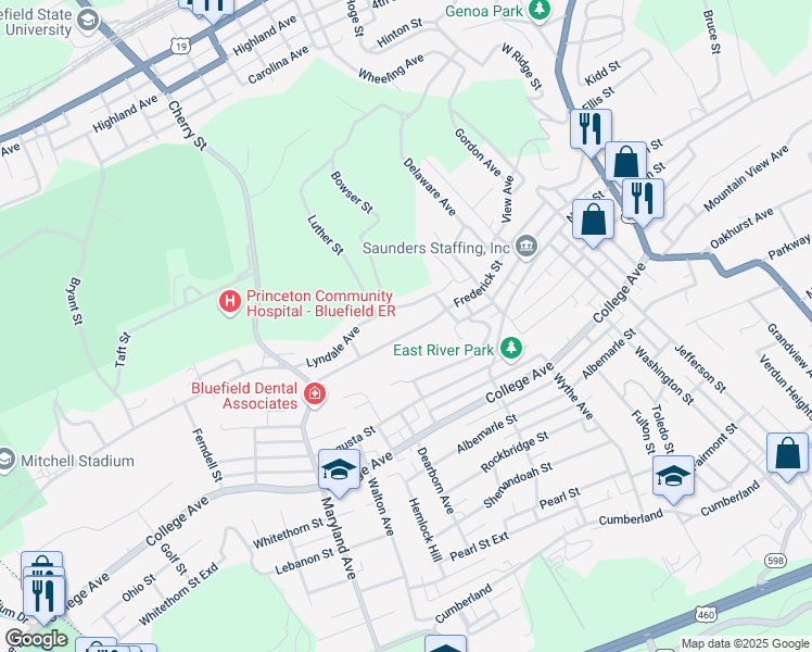 map of restaurants, bars, coffee shops, grocery stores, and more near 820 Frederick Street in Bluefield