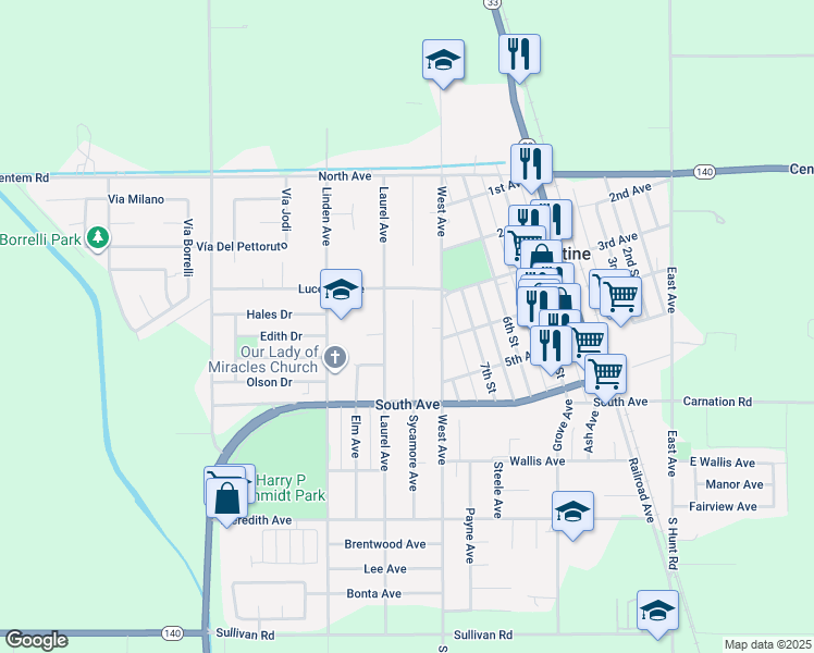 map of restaurants, bars, coffee shops, grocery stores, and more near 375 Sycamore Avenue in Gustine