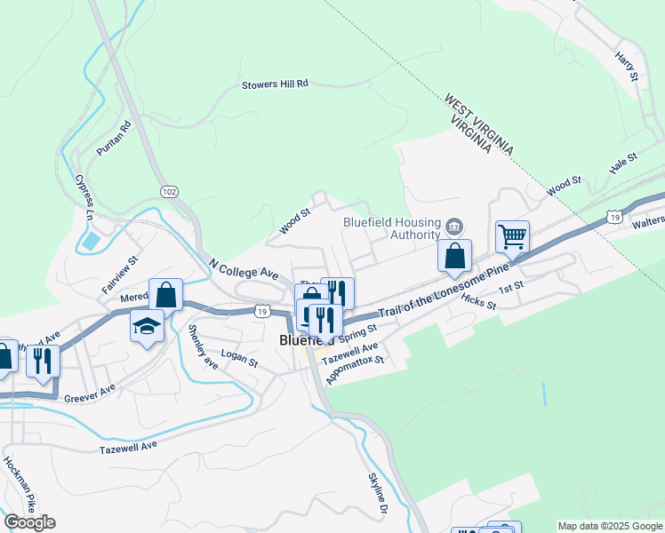 map of restaurants, bars, coffee shops, grocery stores, and more near Depot Street in Bluefield