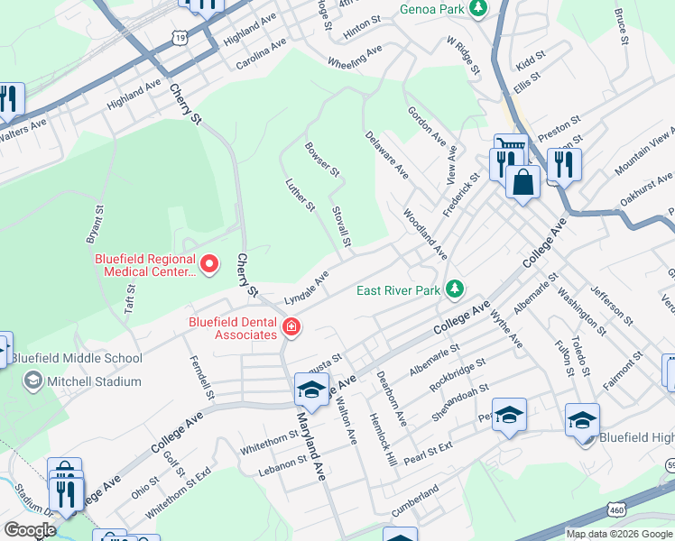map of restaurants, bars, coffee shops, grocery stores, and more near 919 Lyndale Avenue in Bluefield