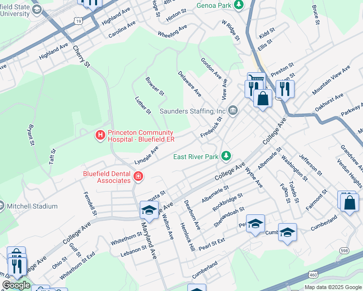 map of restaurants, bars, coffee shops, grocery stores, and more near 820 Frederick St in Bluefield