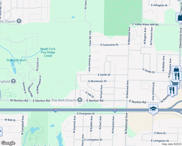 map of restaurants, bars, coffee shops, grocery stores, and more near 801 East Smith Street in Springfield