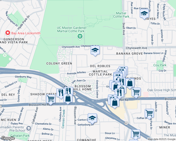 map of restaurants, bars, coffee shops, grocery stores, and more near 393 Avenida Arboles in San Jose