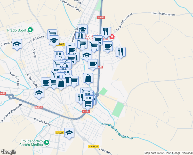 map of restaurants, bars, coffee shops, grocery stores, and more near 63 Avenida de Andalucía in Lepe