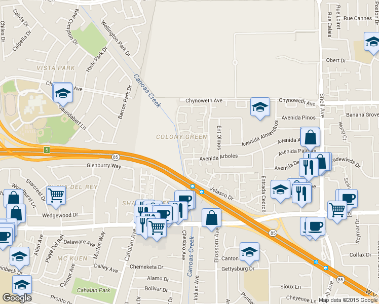 map of restaurants, bars, coffee shops, grocery stores, and more near 433 Colony Cove Drive in San Jose