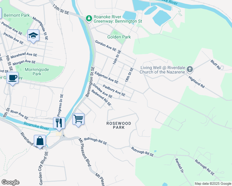 map of restaurants, bars, coffee shops, grocery stores, and more near 1713 Padbury Avenue Southeast in Roanoke
