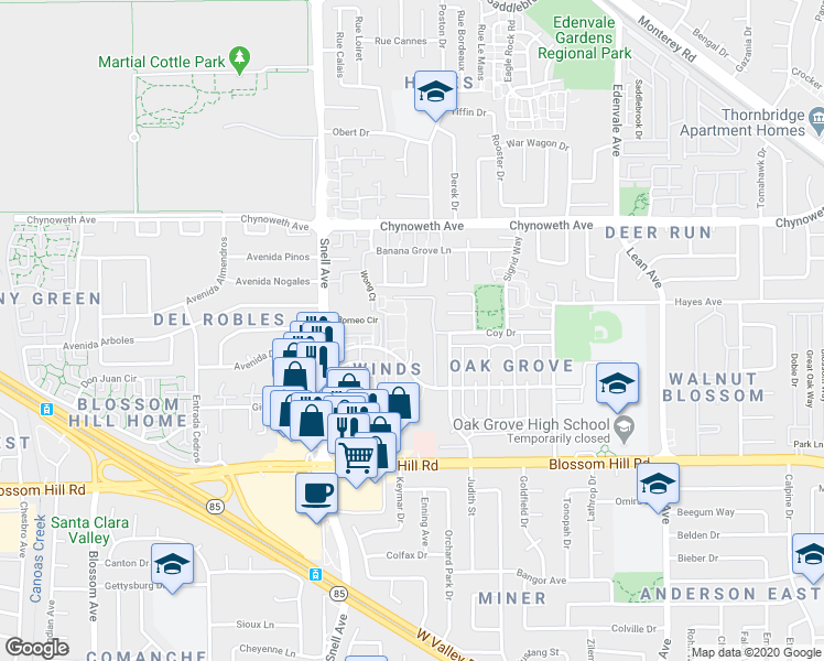 map of restaurants, bars, coffee shops, grocery stores, and more near 287 Tradewinds Drive in San Jose