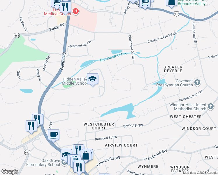 map of restaurants, bars, coffee shops, grocery stores, and more near 4901-4981 Hidden Valley School Rd in Roanoke