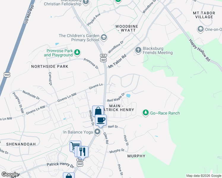 map of restaurants, bars, coffee shops, grocery stores, and more near 101 Givens Lane in Blacksburg
