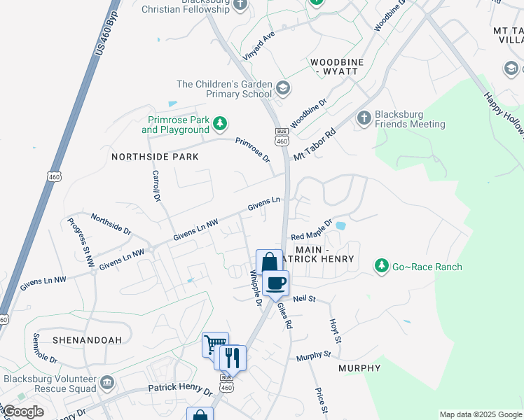map of restaurants, bars, coffee shops, grocery stores, and more near 107 -1 Givens Lane in Blacksburg