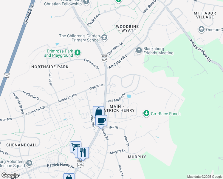 map of restaurants, bars, coffee shops, grocery stores, and more near 101 Givens Lane in Blacksburg