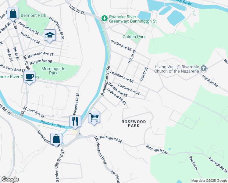 map of restaurants, bars, coffee shops, grocery stores, and more near 1606 Redwood Road Southeast in Roanoke