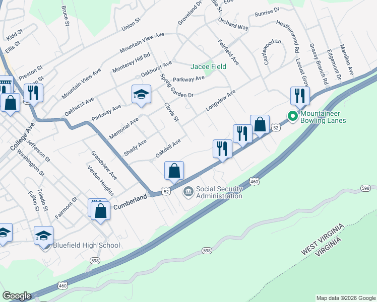 map of restaurants, bars, coffee shops, grocery stores, and more near 247 Ridgecrest Road in Bluefield