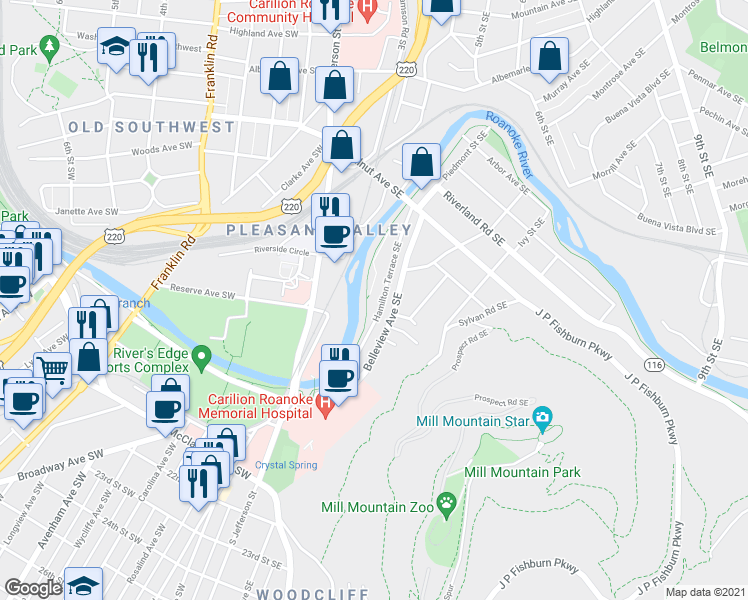 map of restaurants, bars, coffee shops, grocery stores, and more near 1337 Hamilton Terrace SE in Roanoke