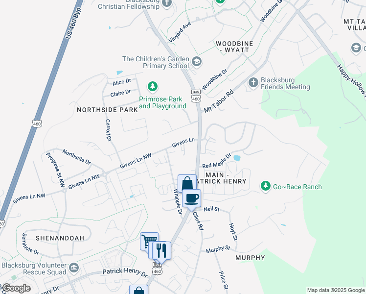 map of restaurants, bars, coffee shops, grocery stores, and more near 107 -1 Givens Lane in Blacksburg