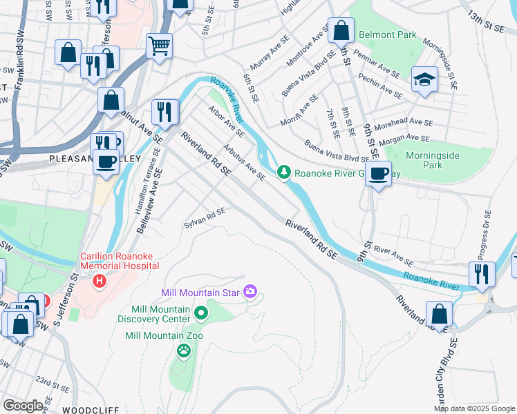 map of restaurants, bars, coffee shops, grocery stores, and more near 725 Riverland Road Southeast in Roanoke