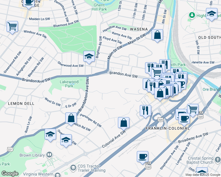 map of restaurants, bars, coffee shops, grocery stores, and more near 939 Oakwood Drive Southwest in Roanoke