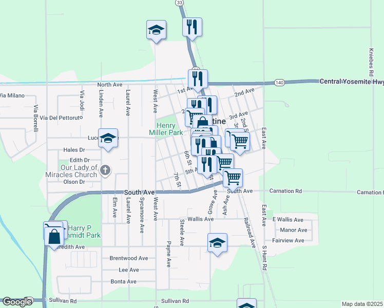 map of restaurants, bars, coffee shops, grocery stores, and more near 560 4th Avenue in Gustine