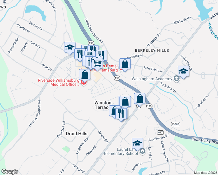 map of restaurants, bars, coffee shops, grocery stores, and more near 5304 John Tyler Highway in Williamsburg