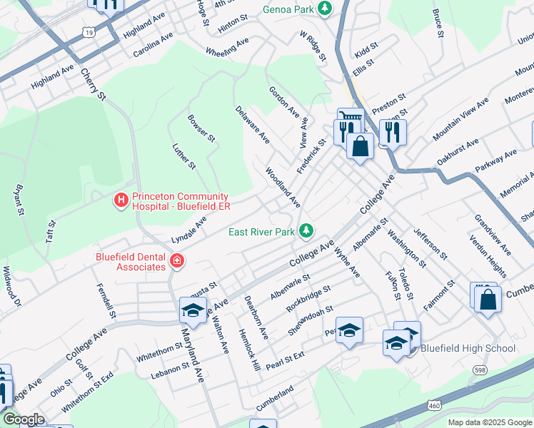map of restaurants, bars, coffee shops, grocery stores, and more near 1322 Woodrow Avenue in Bluefield